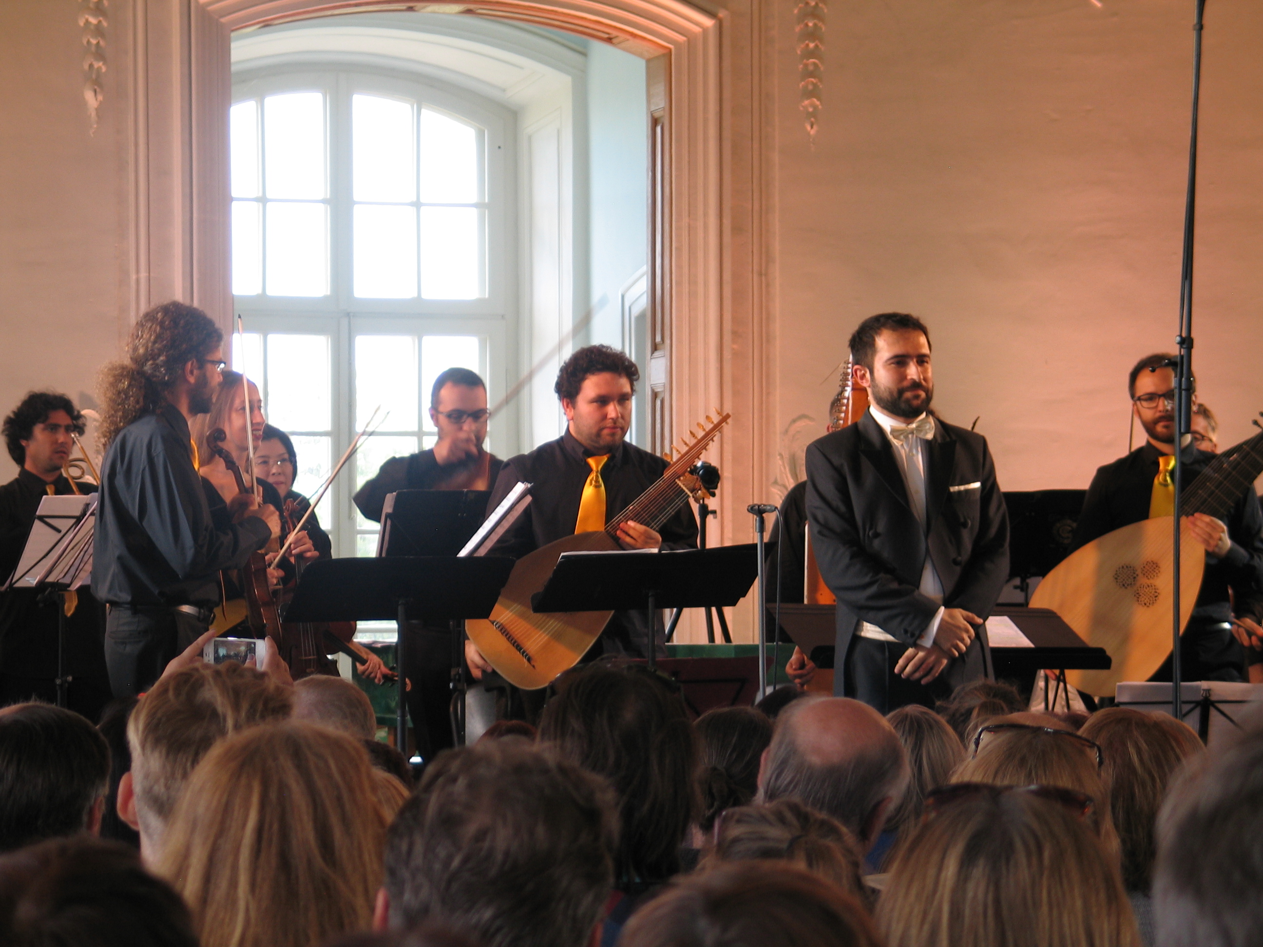 Baroque orchestra with theorbo and early instruments in concert